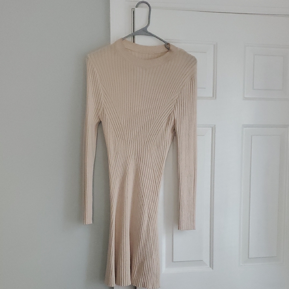 SHEIN Cream Long Sleeve Ribbed Dress